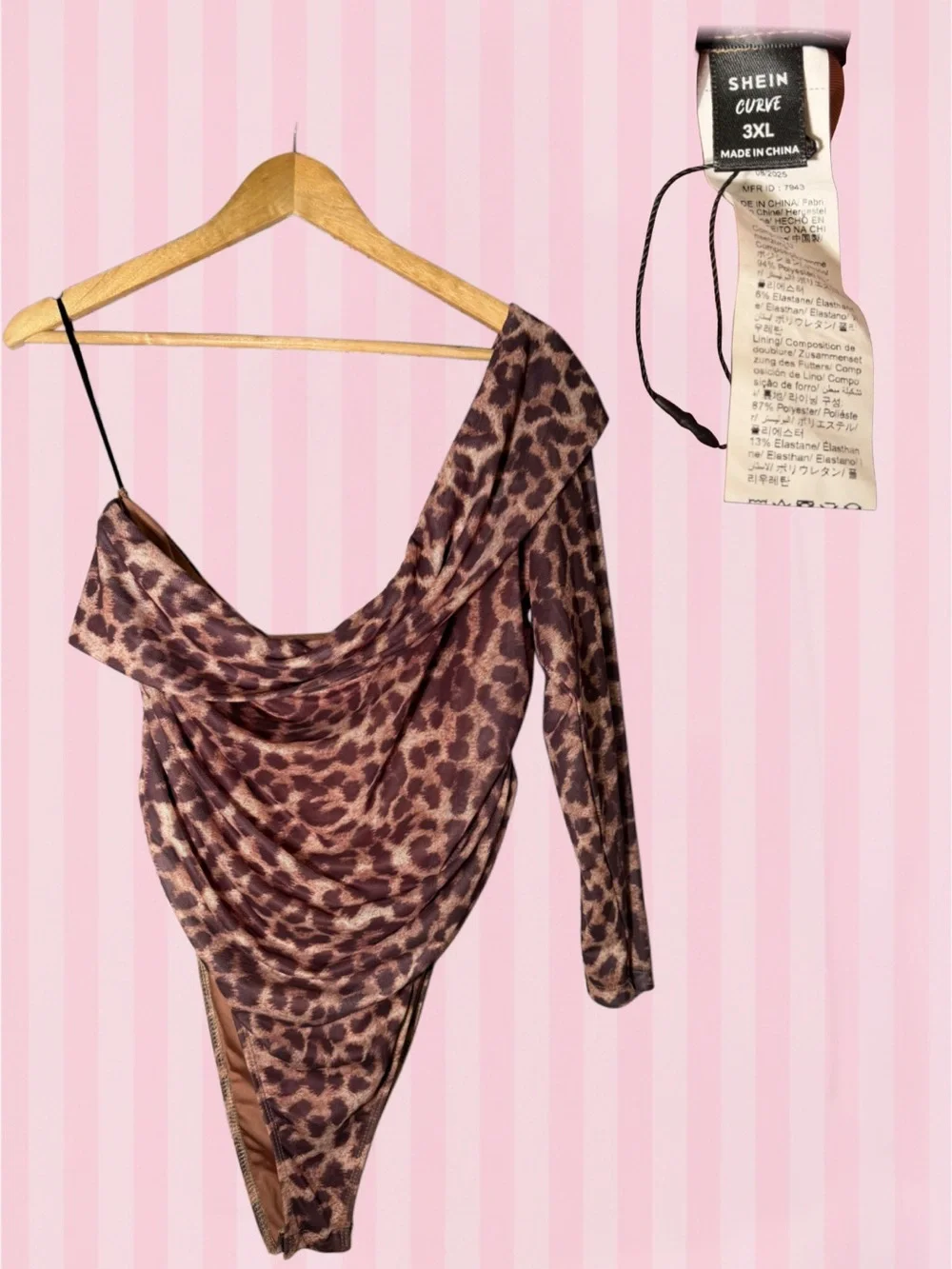 SHEIN Leopard Print One-Shoulder Bodysuit Dress in Brown